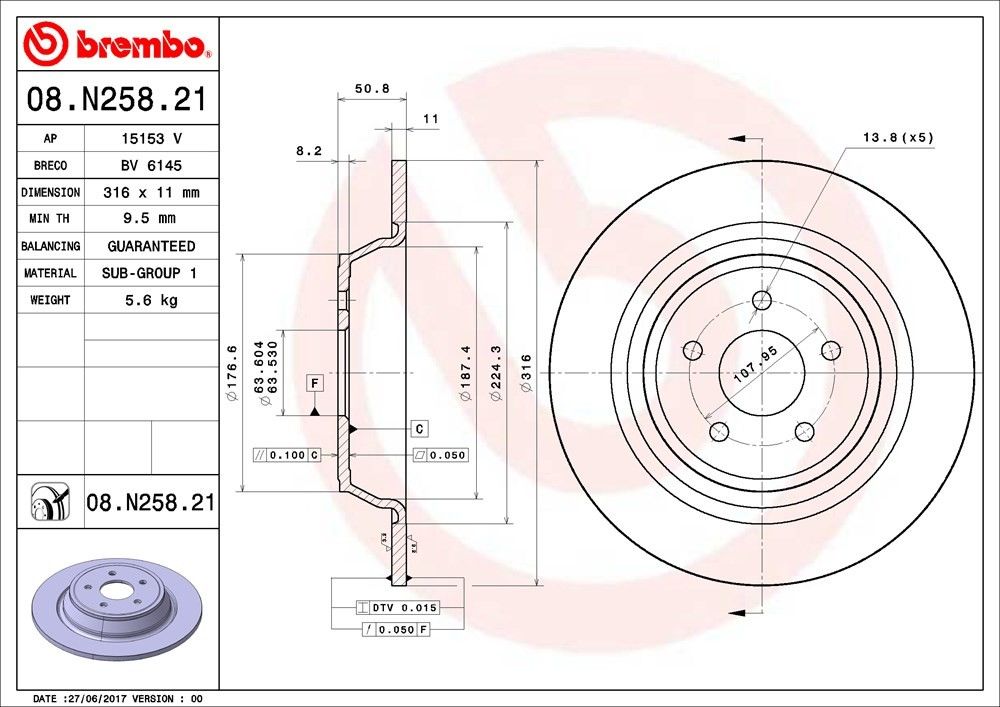 Brembo OE Brembo 17-19 Ford Escape/13-19 Fusion/15-19 Lincoln MKC Rear Premium UV Coated OE Equivalent Rotor 08.N258.21