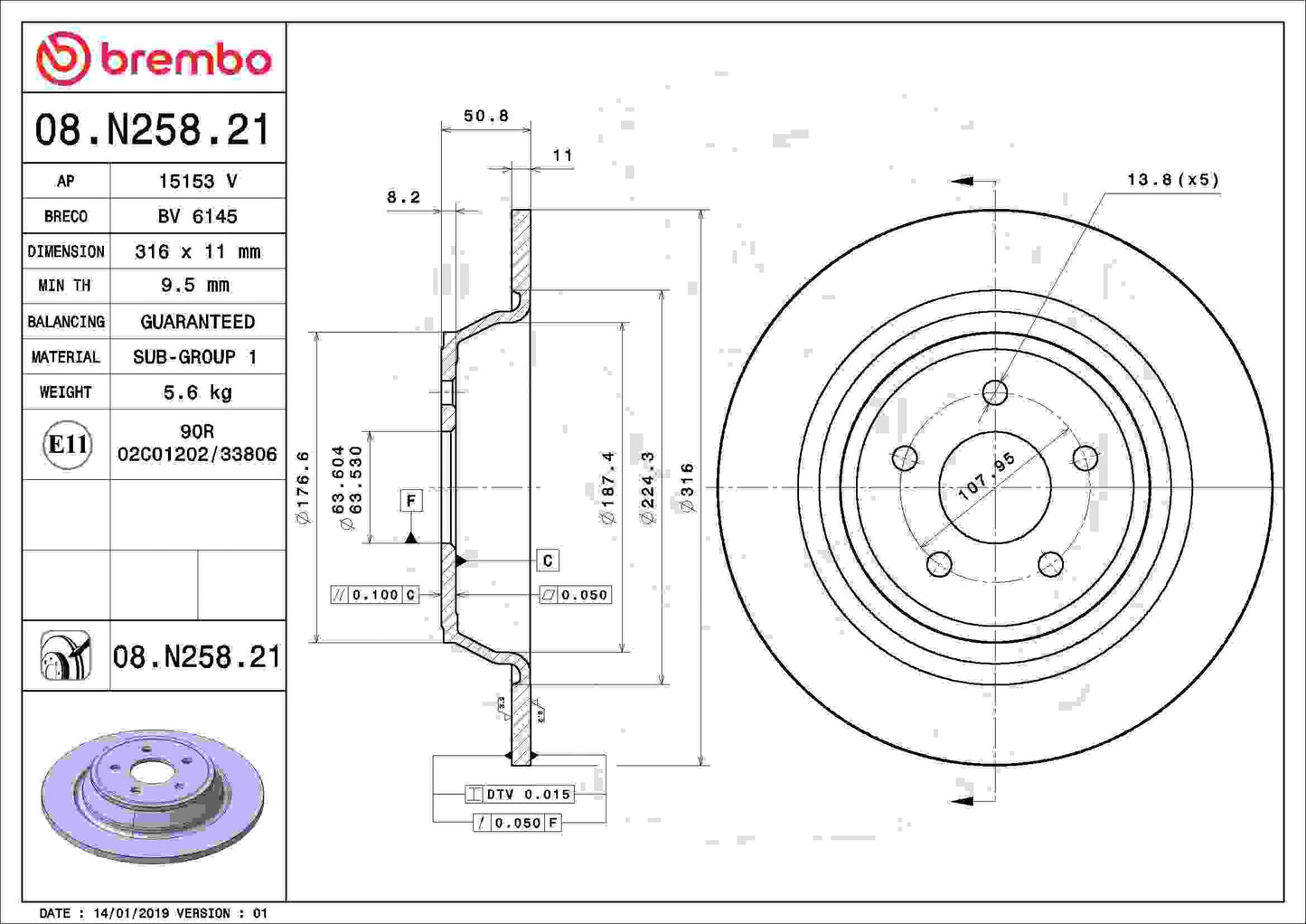 Brembo OE Brembo 17-19 Ford Escape/13-19 Fusion/15-19 Lincoln MKC Rear Premium UV Coated OE Equivalent Rotor 08.N258.21