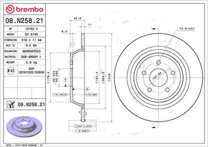 Brembo OE Brembo 17-19 Ford Escape/13-19 Fusion/15-19 Lincoln MKC Rear Premium UV Coated OE Equivalent Rotor 08.N258.21