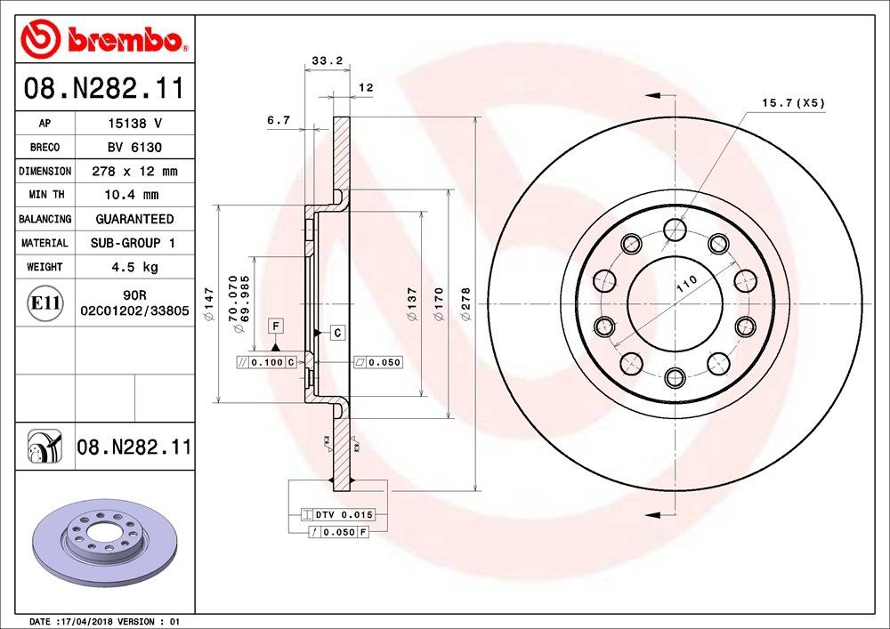 Brembo OE Brembo 15-17 Chrysler 200/16-17 Jeep Cherokee Rear Premium UV Coated OE Equivalent Rotor 08.N282.11