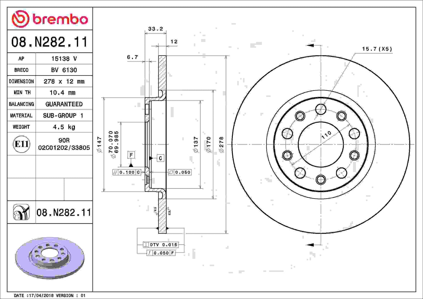 Brembo OE Brembo 15-17 Chrysler 200/16-17 Jeep Cherokee Rear Premium UV Coated OE Equivalent Rotor 08.N282.11