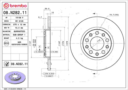 Brembo OE Brembo 15-17 Chrysler 200/16-17 Jeep Cherokee Rear Premium UV Coated OE Equivalent Rotor 08.N282.11