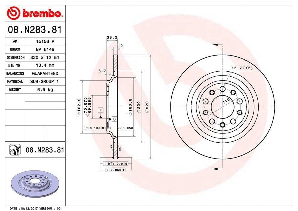 Brembo OE Brembo 14-20 Jeep Cherokee Rear Premium UV Coated OE Equivalent Rotor 08.N283.81