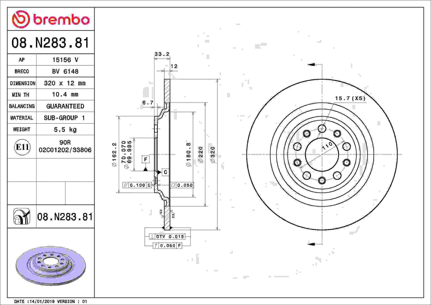 Brembo OE Brembo 14-20 Jeep Cherokee Rear Premium UV Coated OE Equivalent Rotor 08.N283.81