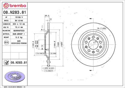Brembo OE Brembo 14-20 Jeep Cherokee Rear Premium UV Coated OE Equivalent Rotor 08.N283.81
