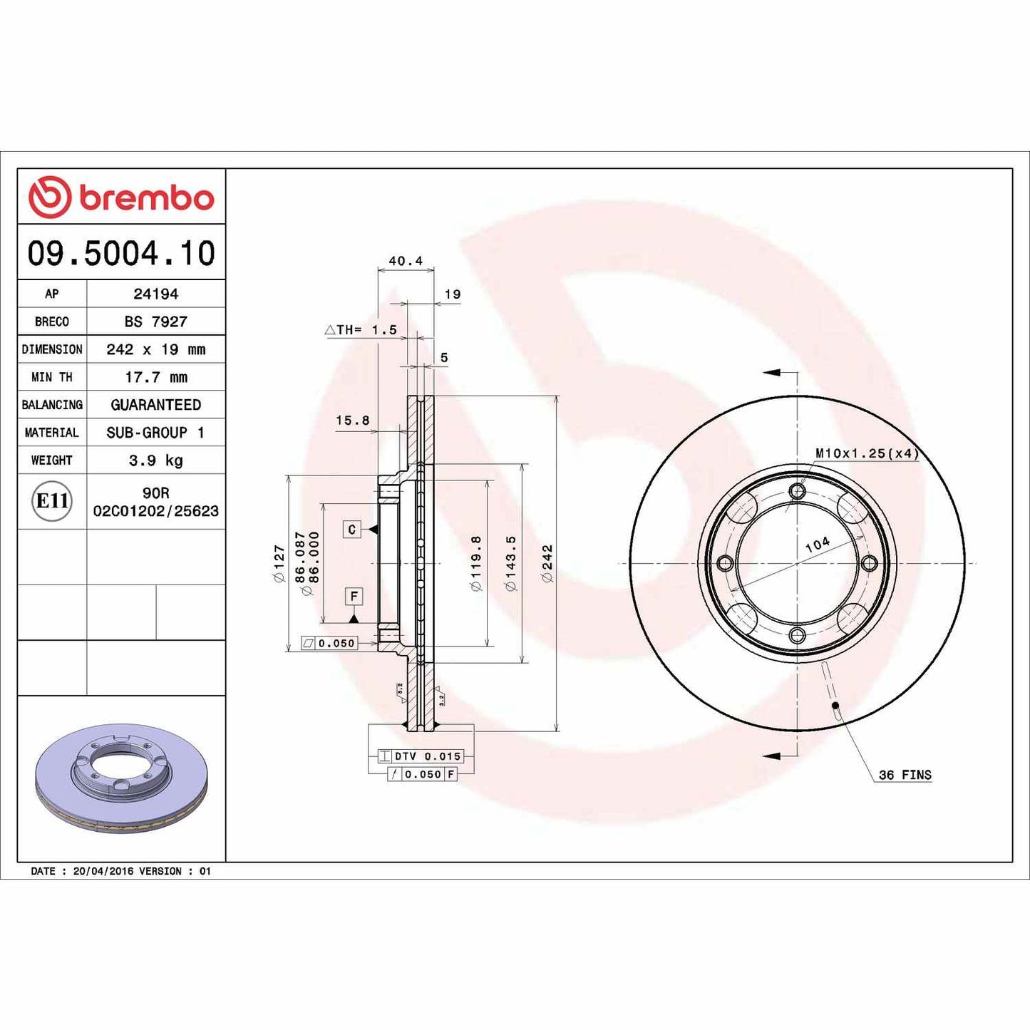 Brembo OE Brembo 95-99 Hyundai Accent/87-94 Excel/91-95 Scoupe Front Premium OE Equivalent Rotor 09.5004.10