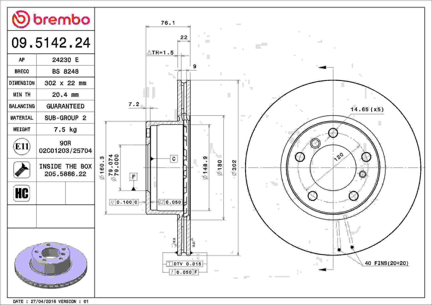 Brembo Disc Brake Rotor 09.5142.24