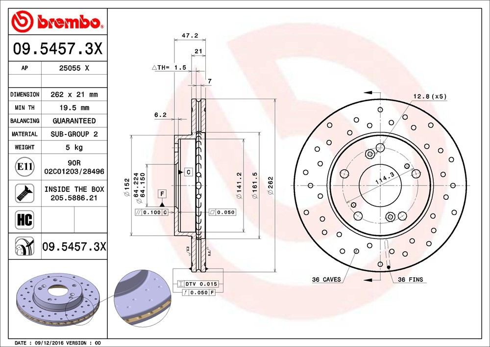 Brembo OE Brembo 02-06 Acura RSX/04-11 Honda Civic/11-15 CR-Z Front Premium Xtra Cross Drilled UV Coated Rotor 09.5457.3X