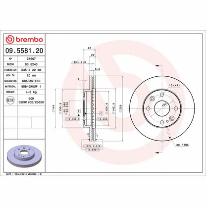 Brembo OE Brembo 94-97 Ford Aspire 1997-1994/01-02 Kia Rio Front Premium OE Equivalent Rotor 09.5581.20