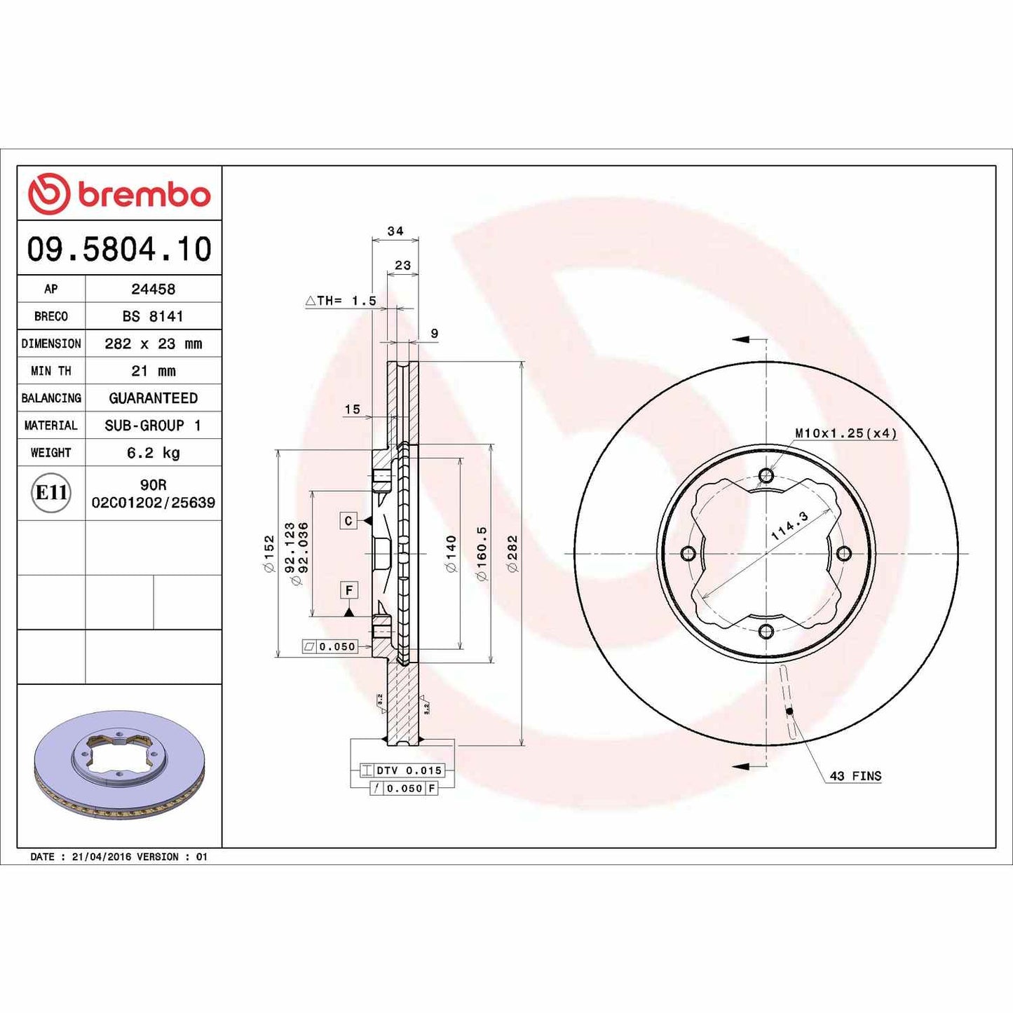 Brembo OE Brembo 95-98 Acura TL/92-94 Vigor Front Premium OE Equivalent Rotor 09.5804.10