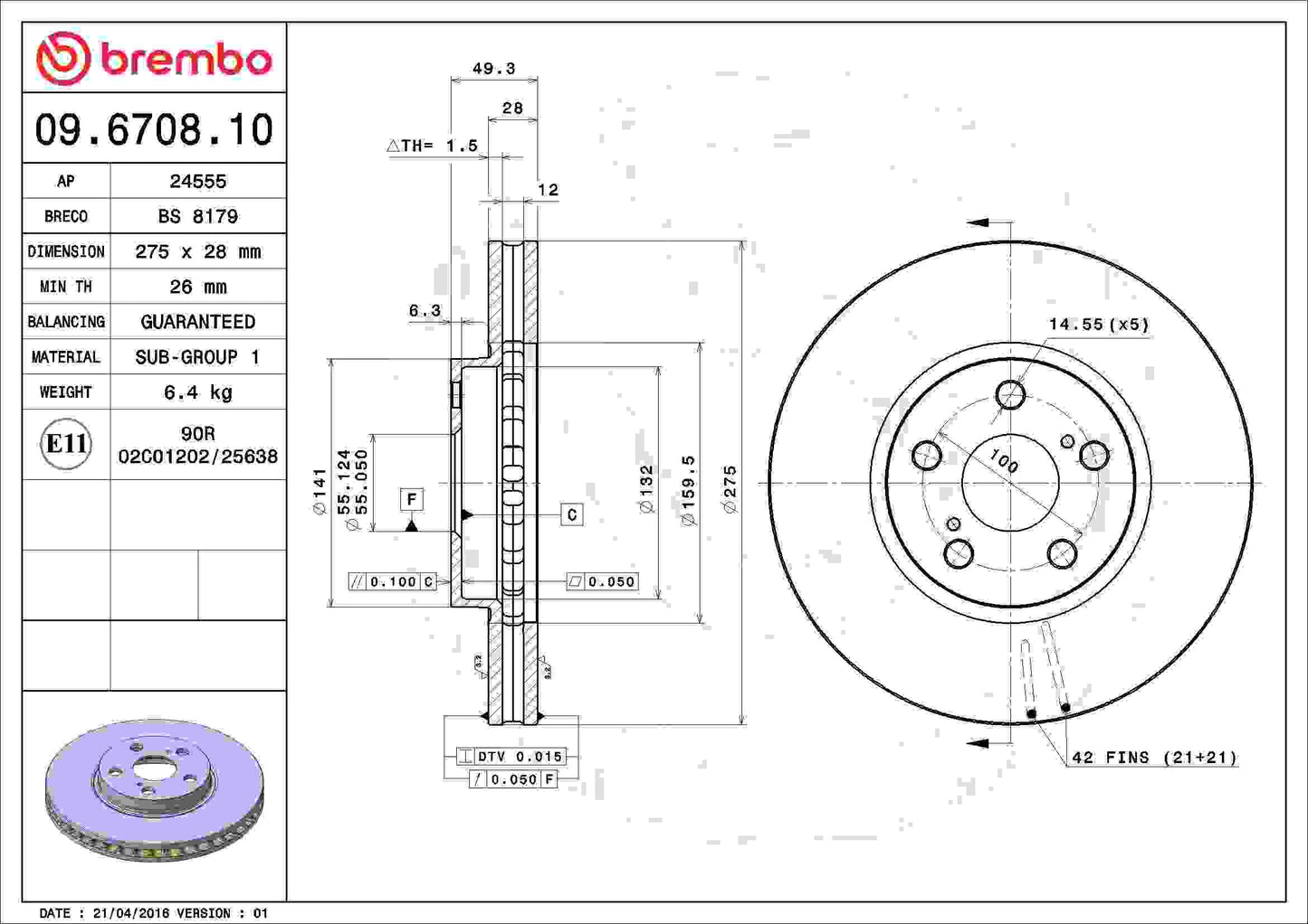 Brembo OE Brembo 94-99 Toyota Celica Front Premium OE Equivalent Rotor 09.6708.10