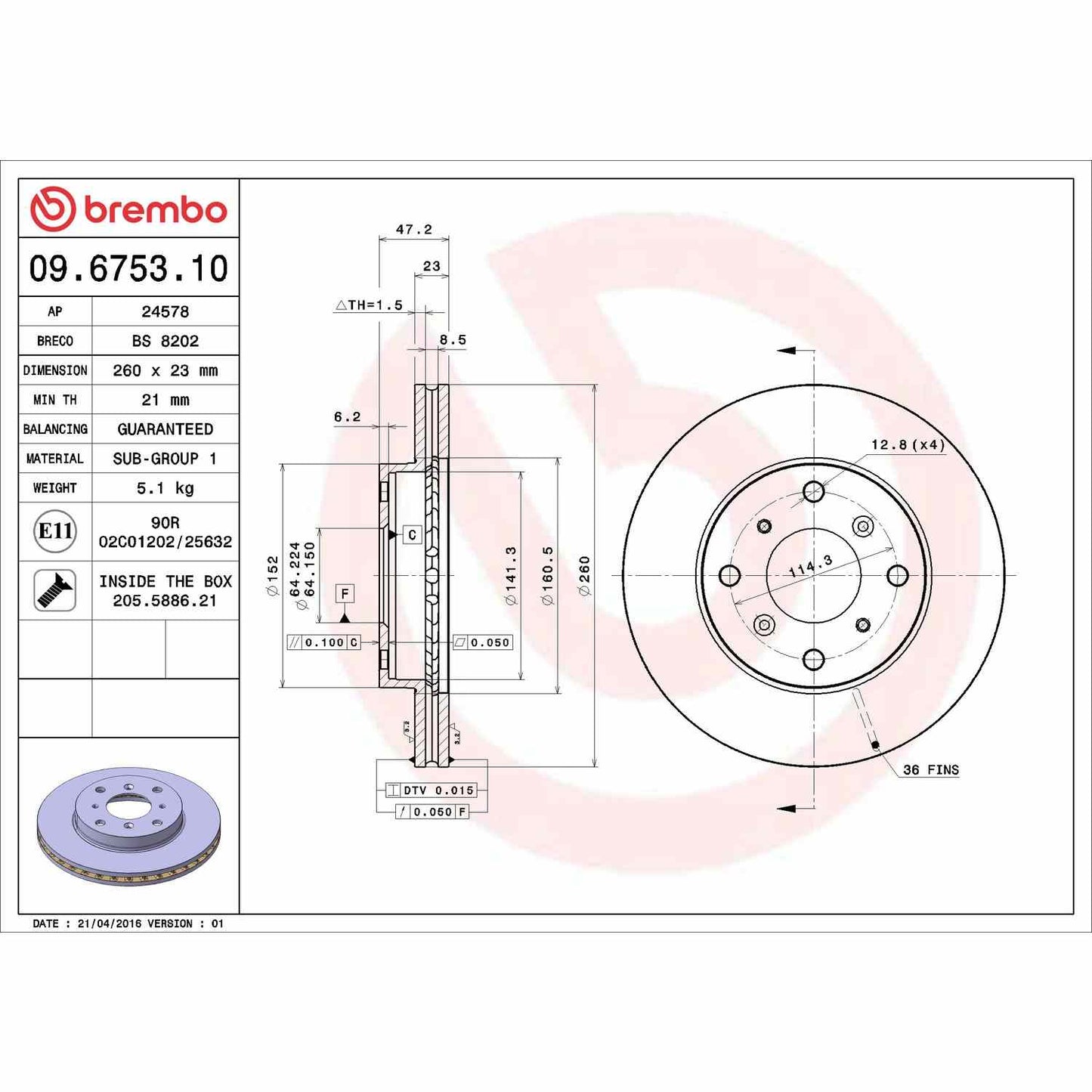 Brembo OE Brembo 92-96 Honda Prelude Front Premium OE Equivalent Rotor 09.6753.10