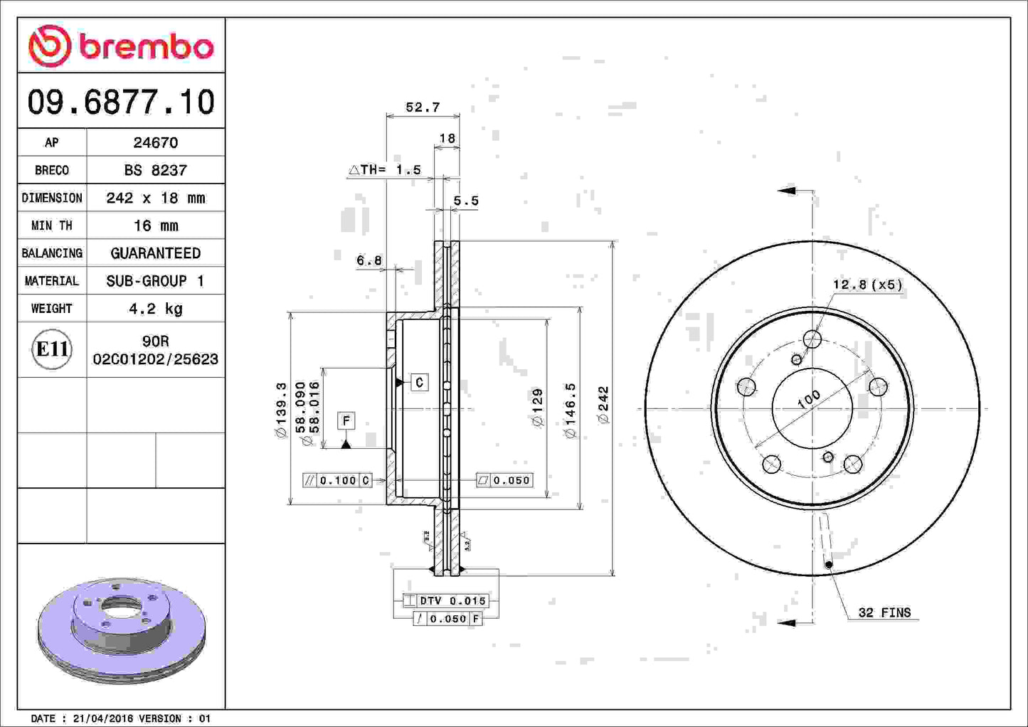 Brembo OE Brembo 93-96 Subaru Impreza Front Premium OE Equivalent Rotor 09.6877.10