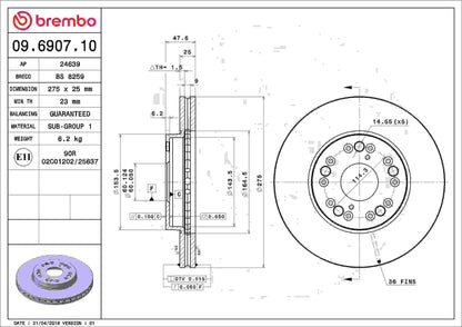 Brembo OE Brembo 90-91 Lexus LS400 Front Premium OE Equivalent Rotor 09.6907.10