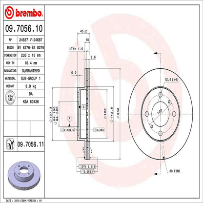Brembo OE Brembo 93-94 Dodge Colt/93-96 Eagle Summit Front Premium UV Coated OE Equivalent Rotor 09.7056.11