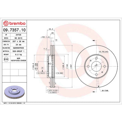Brembo OE Brembo 91-93 Nissan NX/91-94 Sentra Front Premium OE Equivalent Rotor 09.7357.10