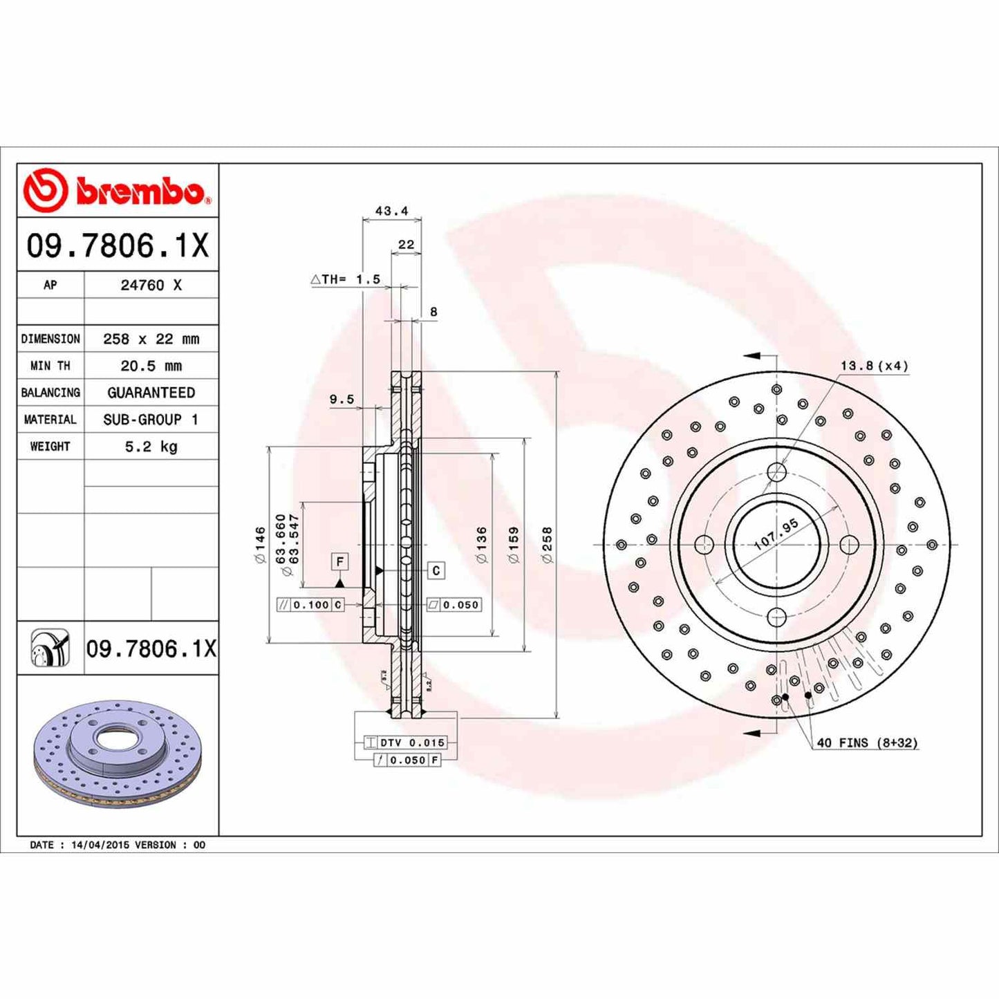 Brembo OE Brembo 00-04 Ford Focus Front Premium Xtra Cross Drilled UV Coated Rotor 09.7806.1X
