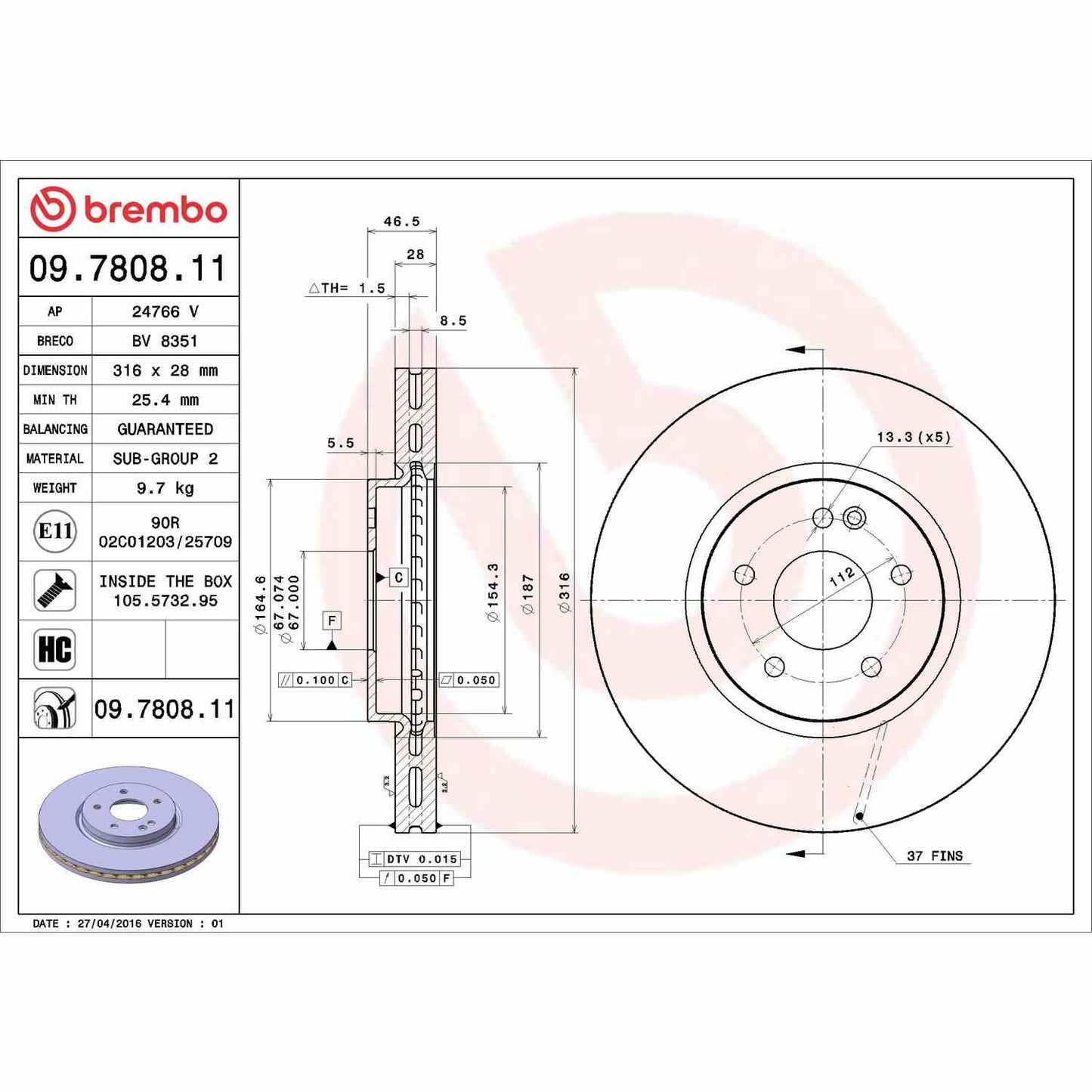Brembo OE Brembo 96-97 Mercedes-Benz C36 AMG/1997 E420 Front Premium UV Coated OE Equivalent Rotor 09.7808.11