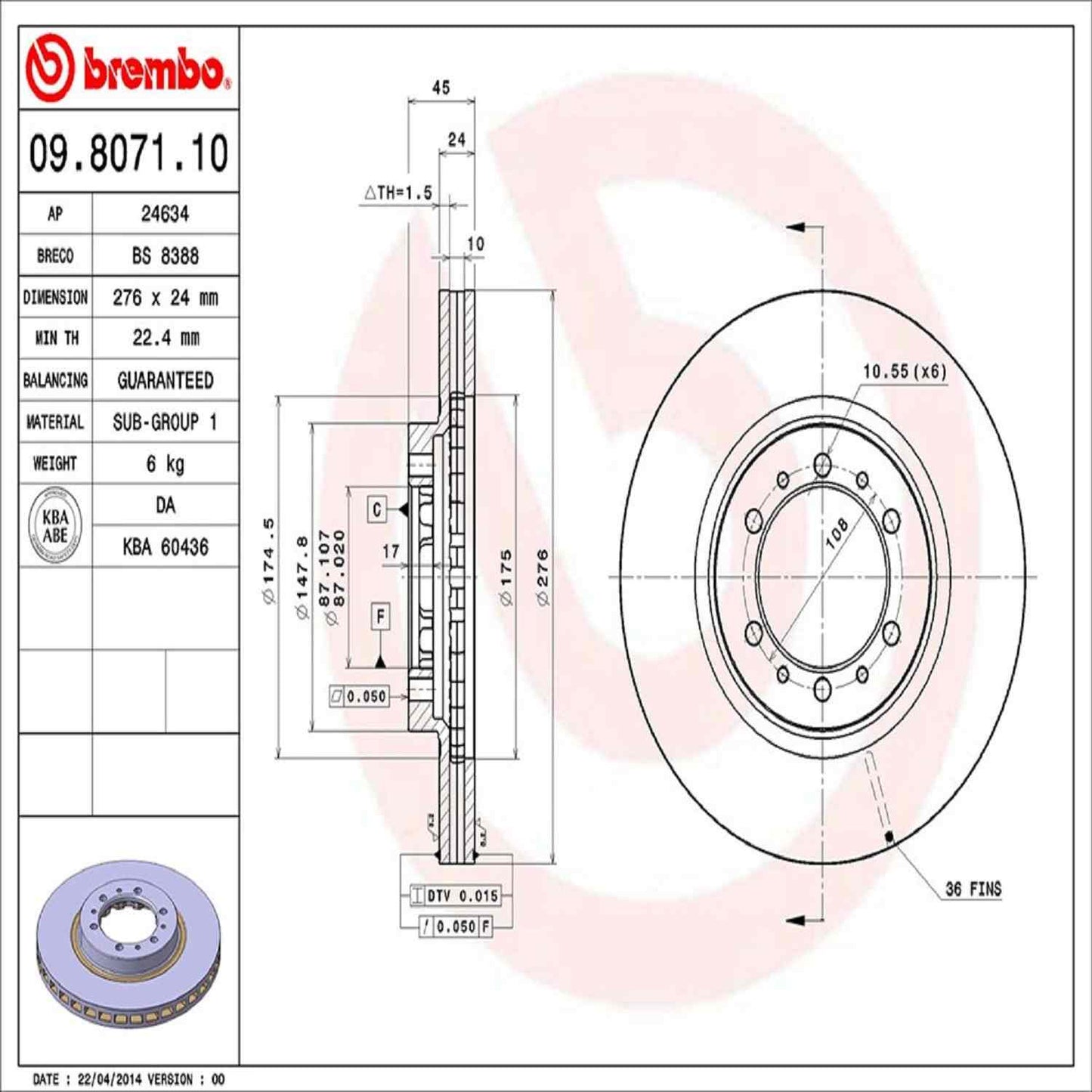 Brembo OE Brembo 92-96 Mitsubishi Montero/97-03 Montero Sport Front Premium UV Coated OE Equivalent Rotor 09.8071.11