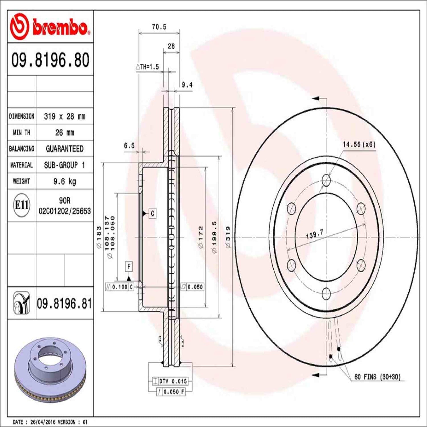 Brembo Disc Brake Rotor 09.8196.81
