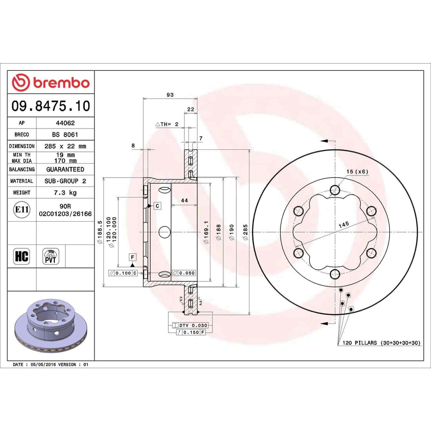 Brembo OE Brembo 03-06 Dodge Sprinter 3500/02-06 Freightliner Sprinter 3500 Rear Premium OE Equivalent Rotor 09.8475.10
