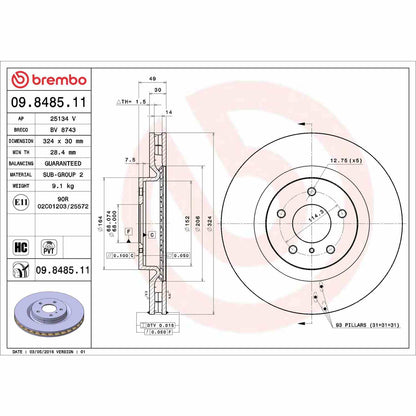 Brembo OE Brembo 03-04 Infiniti G35/03-09 Nissan 350Z Front Premium UV Coated OE Equivalent Rotor 09.8485.11