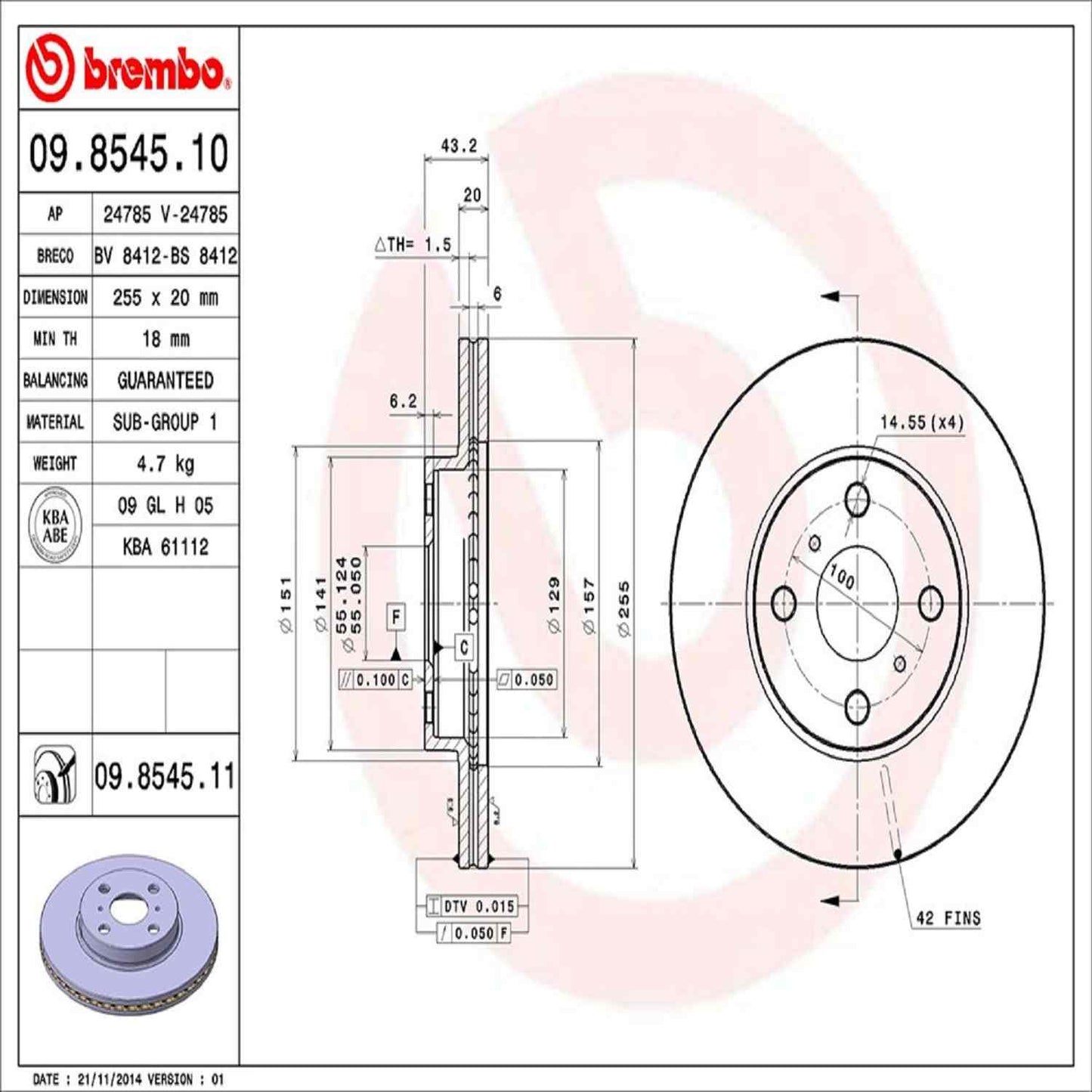 Brembo OE Brembo 01-05 Toyota Echo/00-05 MR2 Spyder Front Premium UV Coated OE Equivalent Rotor 09.8545.11