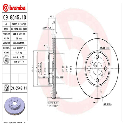 Brembo OE Brembo 01-05 Toyota Echo/00-05 MR2 Spyder Front Premium UV Coated OE Equivalent Rotor 09.8545.11