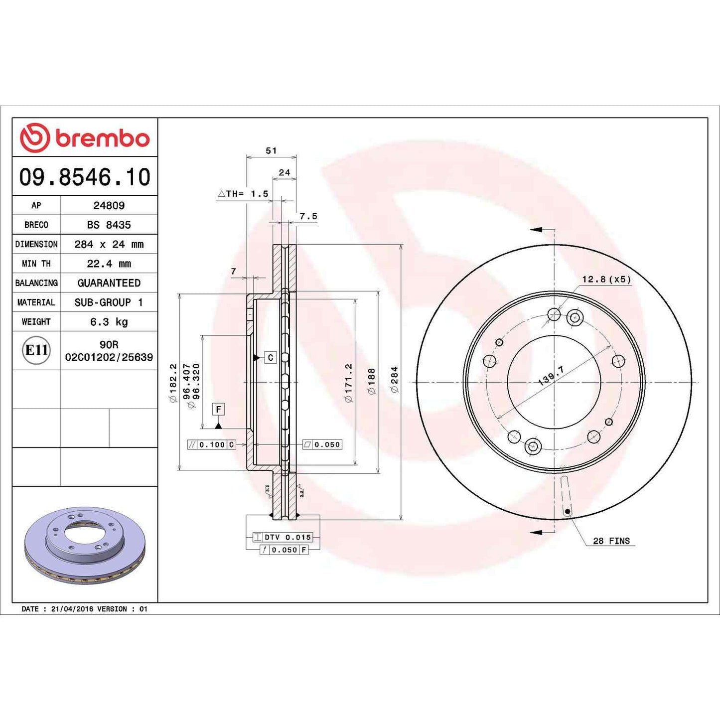 Brembo OE Brembo 95-02 Kia Sportage Front Premium OE Equivalent Rotor 09.8546.10