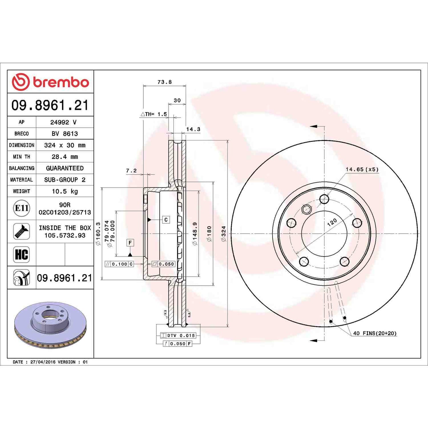 Brembo Disc Brake Rotor 09.8961.21
