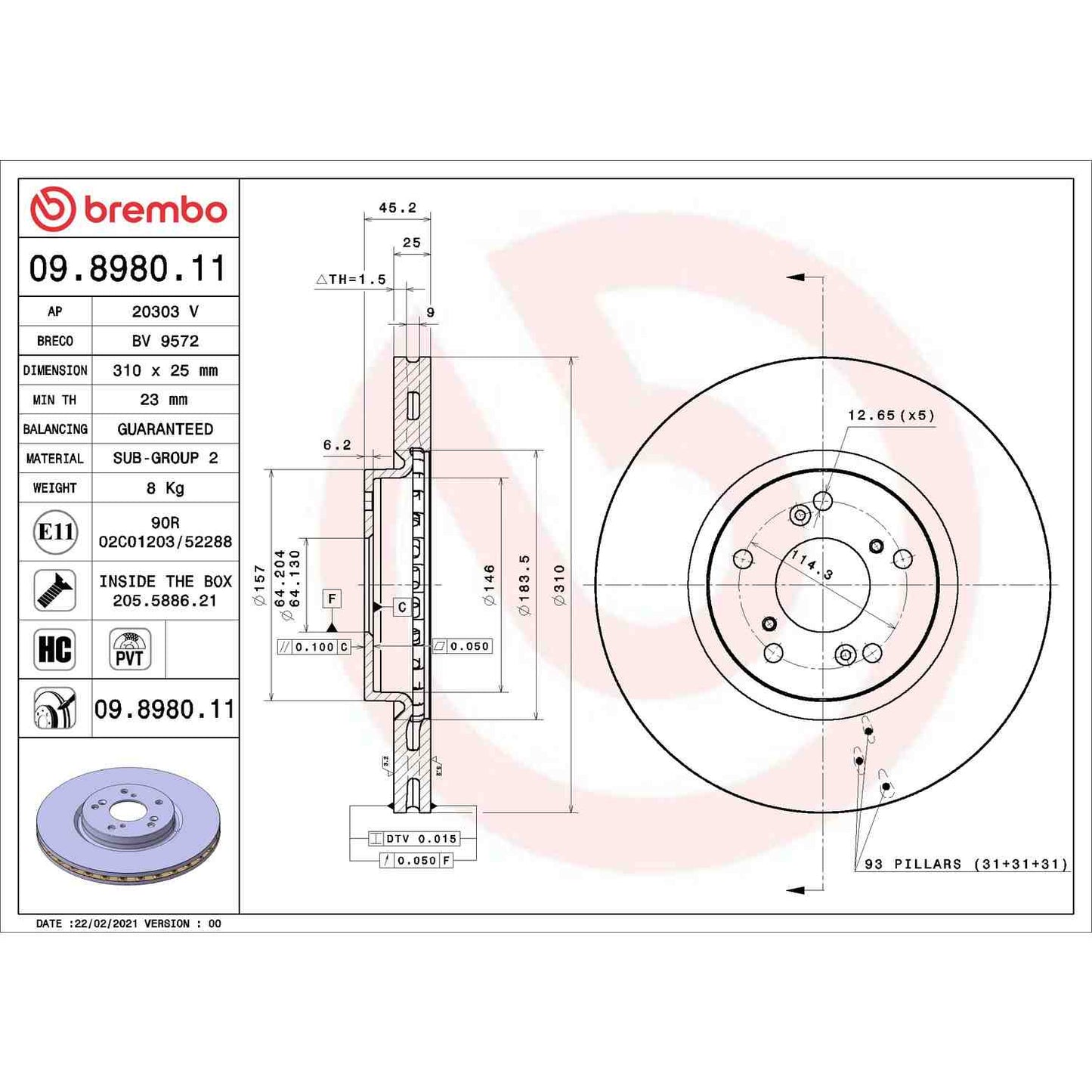 Brembo OE Brembo 05-06 Lexus RX330/07-09 Lexus RX350 Front UV Coated Rotor 09.8980.11