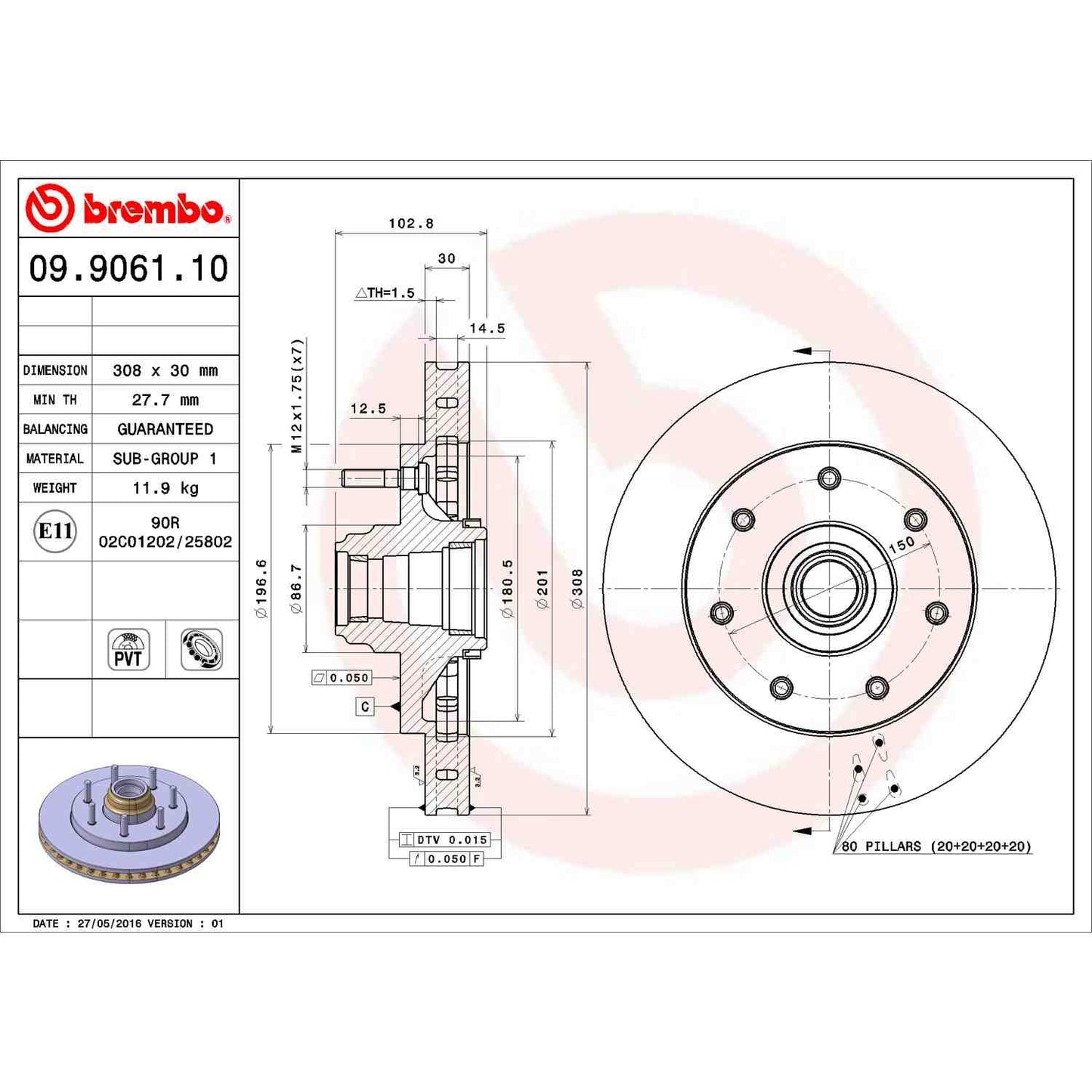 Brembo OE Brembo 2004 Ford F-150 Heritage/1999 F-250 Front Premium OE Equivalent Rotor 09.9061.10