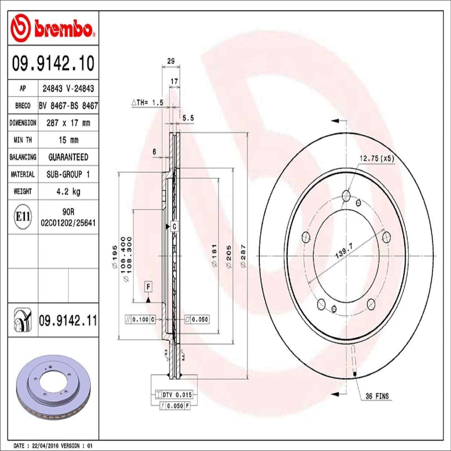 Brembo Disc Brake Rotor 09.9142.11