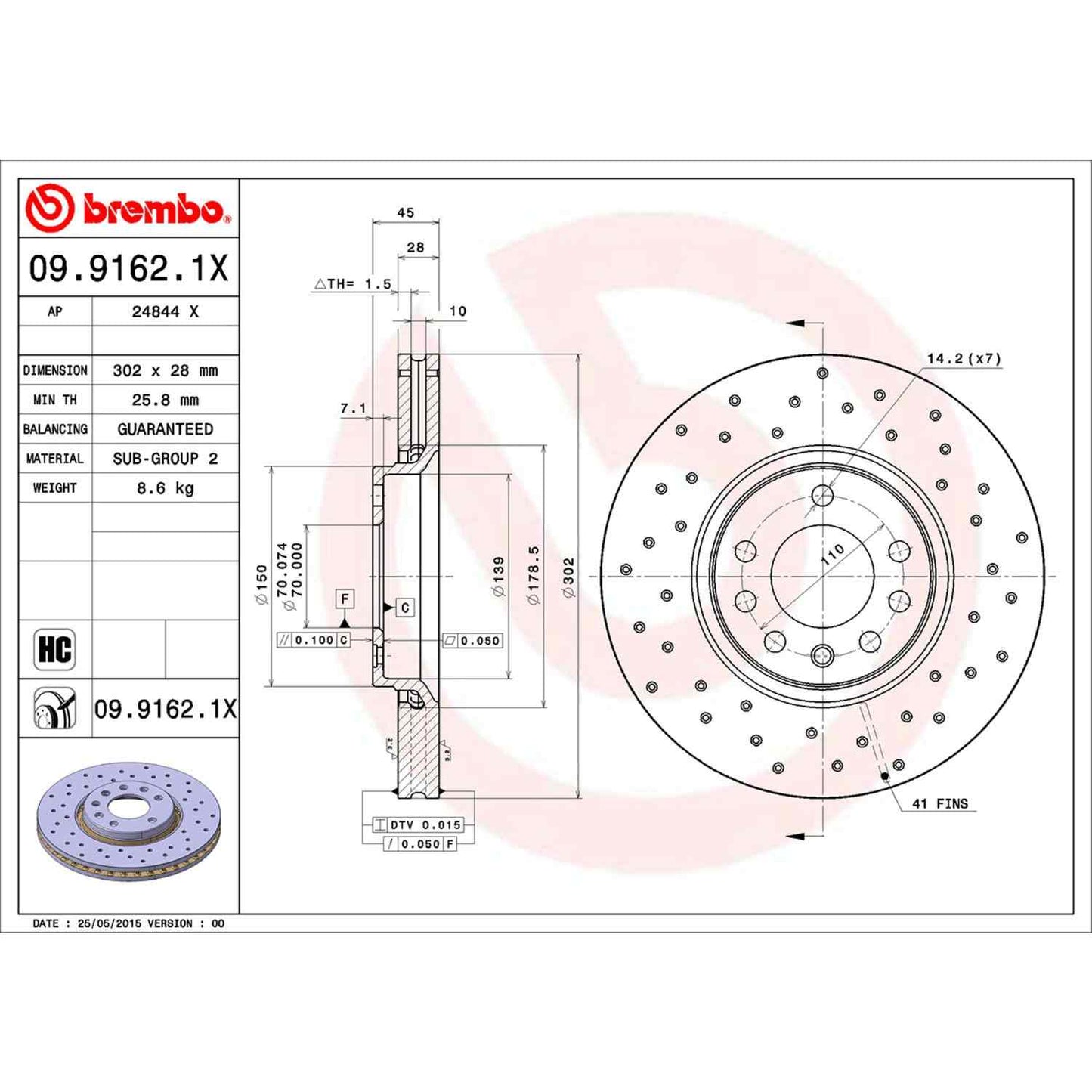 Brembo OE Brembo 03-11 Saab 9-3 Front Premium Xtra Cross Drilled UV Coated Rotor 09.9162.1X