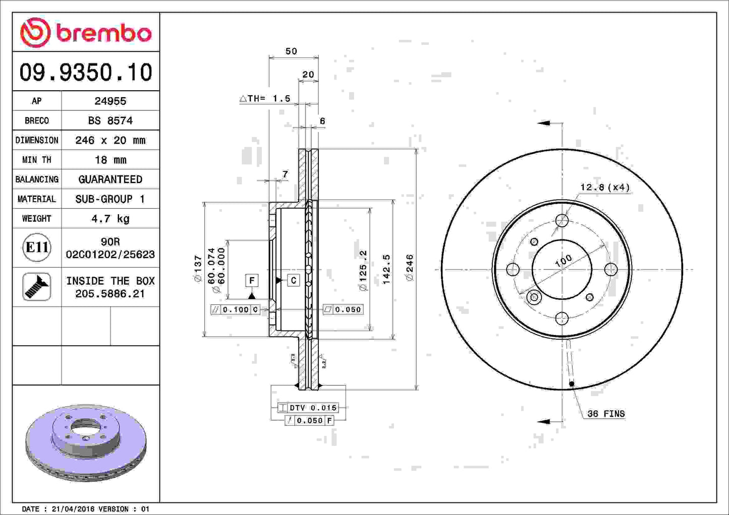 Brembo OE Brembo 02-07 Suzuki Aerio/99-02 Esteem Front Premium OE Equivalent Rotor 09.9350.10