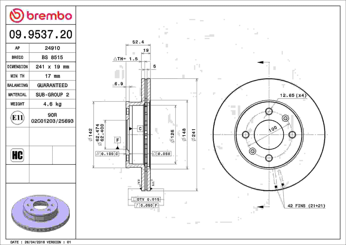 Brembo OE Brembo 00-05 Hyundai Accent Front Premium OE Equivalent Rotor 09.9537.20