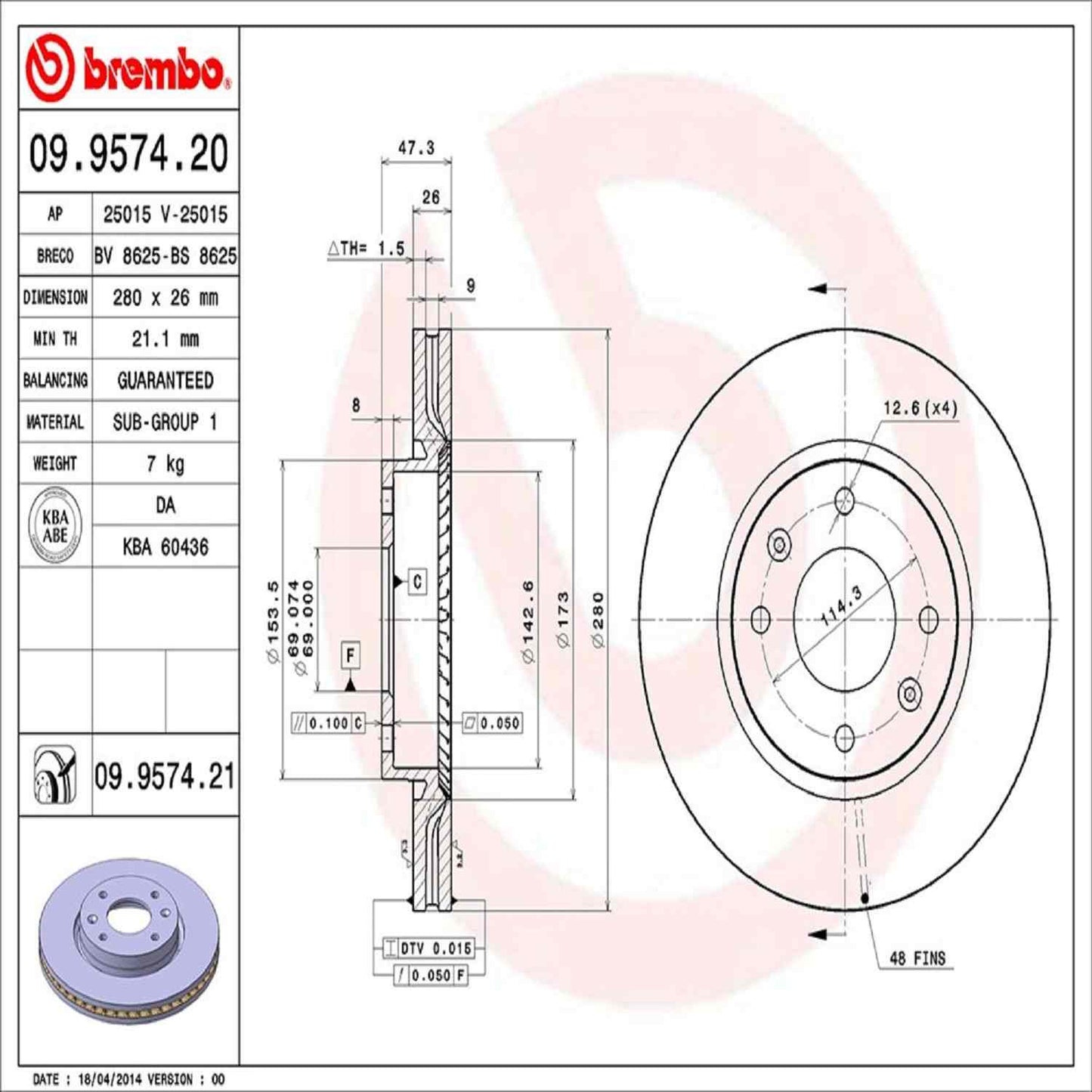 Brembo OE Brembo 04-05 Hyundai Sonata/01-06 Kia Optima Front Premium UV Coated OE Equivalent Rotor 09.9574.21