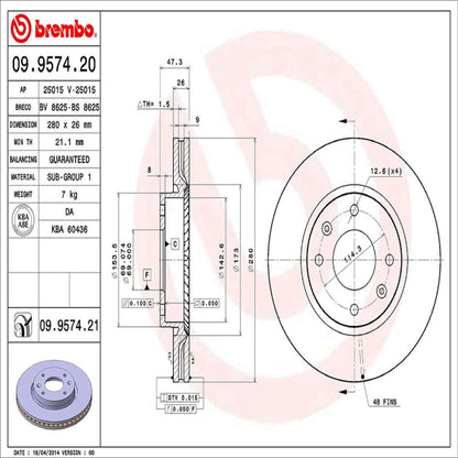 Brembo OE Brembo 04-05 Hyundai Sonata/01-06 Kia Optima Front Premium UV Coated OE Equivalent Rotor 09.9574.21