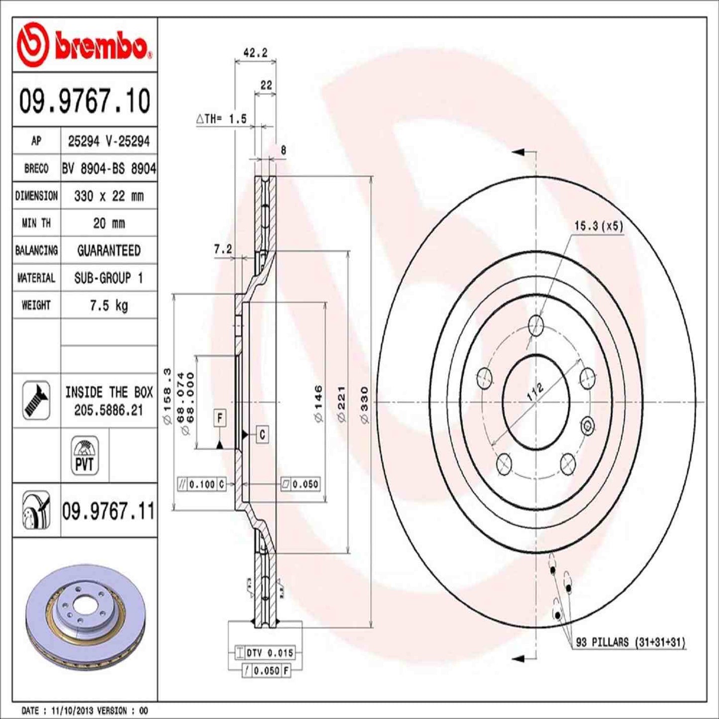 Brembo OE Brembo 07-11 Audi S6 Rear Premium UV Coated OE Equivalent Rotor 09.9767.11