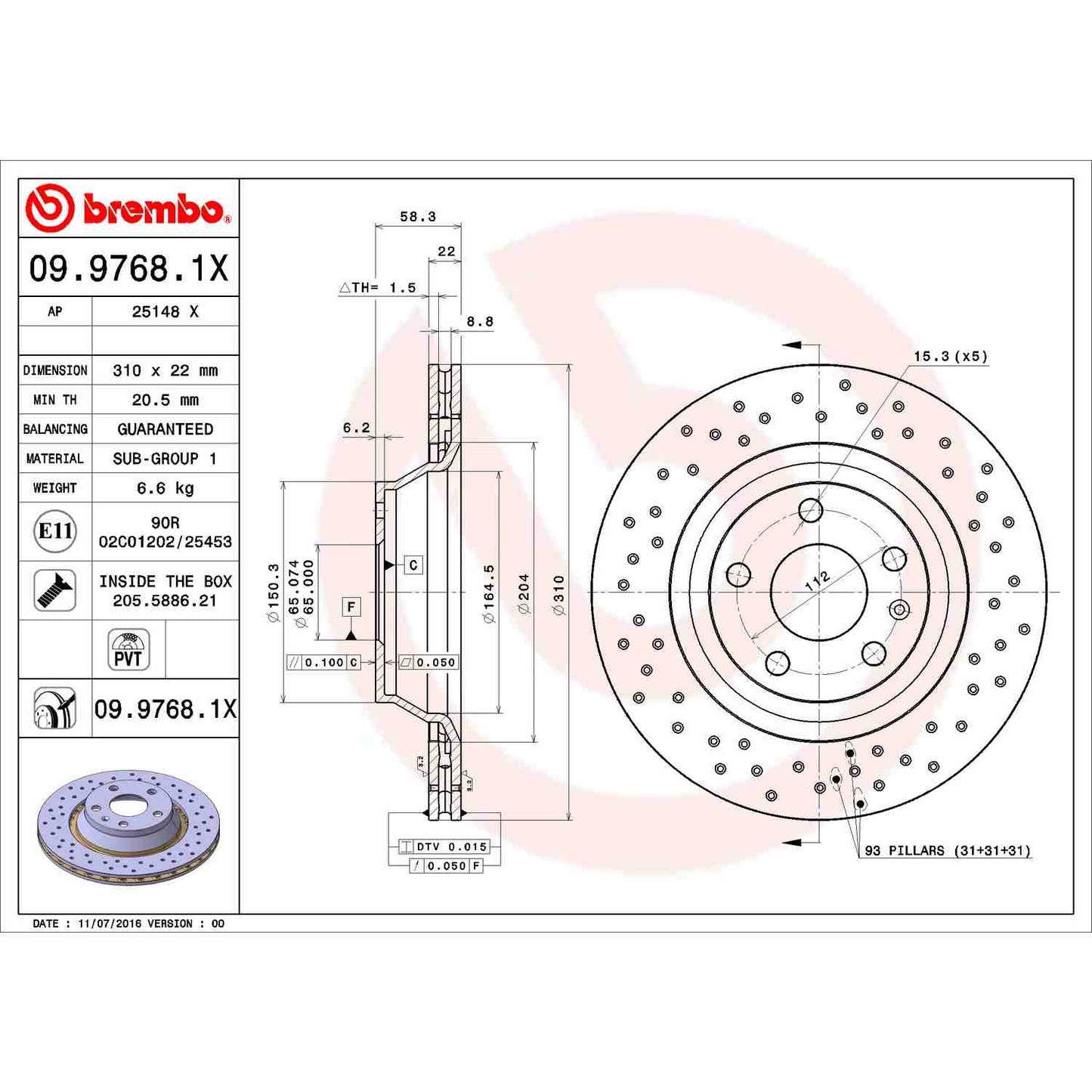 Brembo OE Brembo 08-09 Audi TT Quattro/12-13 TT RS Quattro Rear Premium Xtra Cross Drilled UV Coated Rotor 09.9768.1X