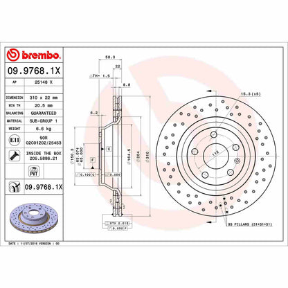 Brembo OE Brembo 08-09 Audi TT Quattro/12-13 TT RS Quattro Rear Premium Xtra Cross Drilled UV Coated Rotor 09.9768.1X