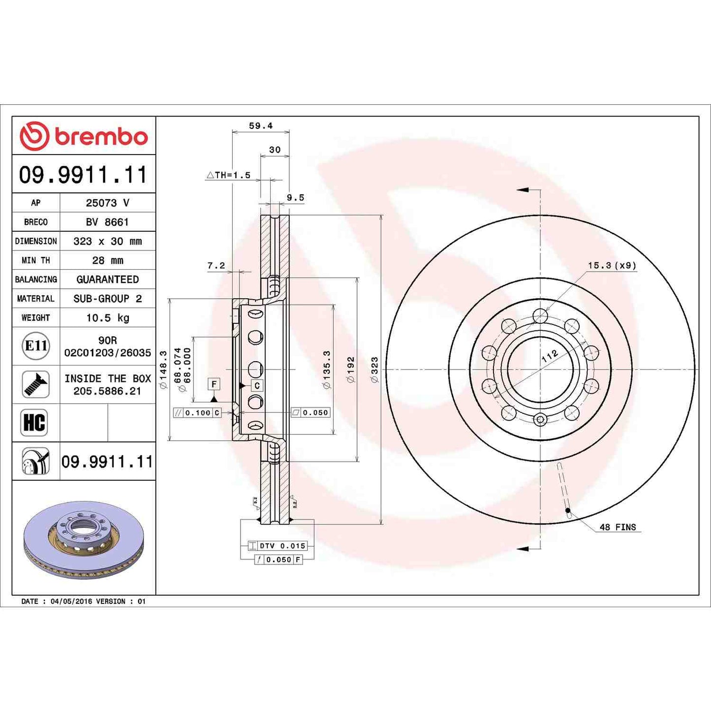 Brembo OE Brembo 00-03 Audi A8 Quattro Front Premium UV Coated OE Equivalent Rotor 09.9911.11