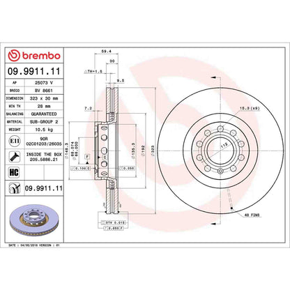 Brembo OE Brembo 00-03 Audi A8 Quattro Front Premium UV Coated OE Equivalent Rotor 09.9911.11