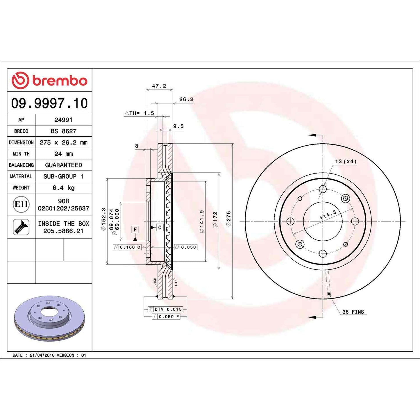Brembo OE Brembo 04-09 Kia Spectra/05-09 Spectra5 Front Premium OE Equivalent Rotor 09.9997.10