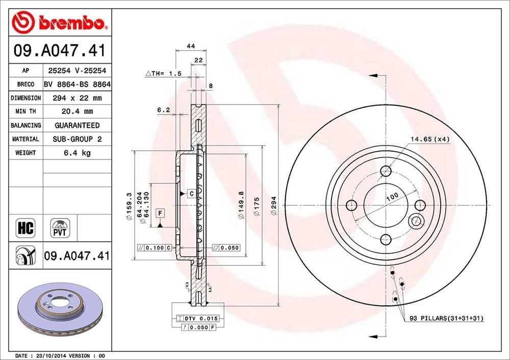 Brembo OE Brembo 05-07 Mini Cooper Front Premium UV Coated OE Equivalent Rotor 09.A047.41