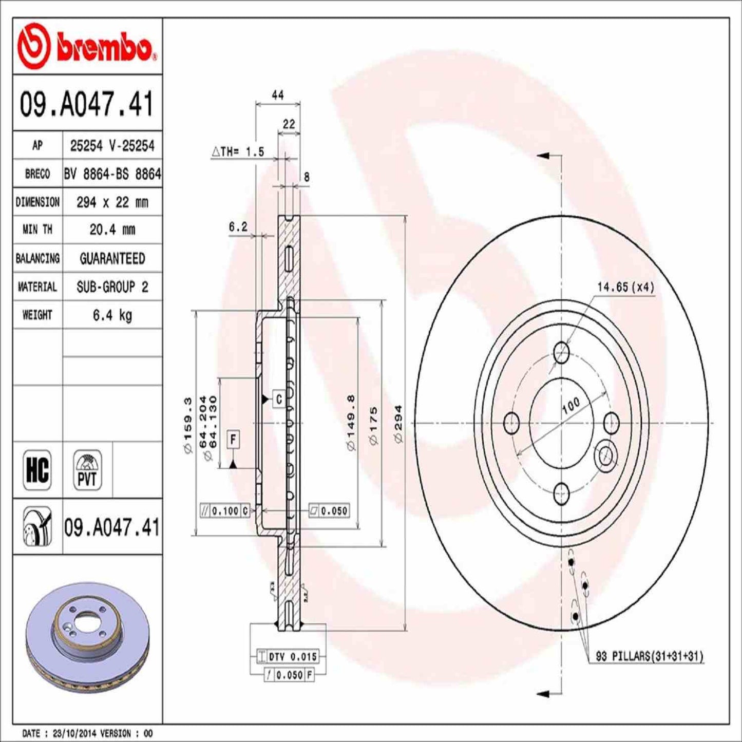 Brembo OE Brembo 05-07 Mini Cooper Front Premium UV Coated OE Equivalent Rotor 09.A047.41