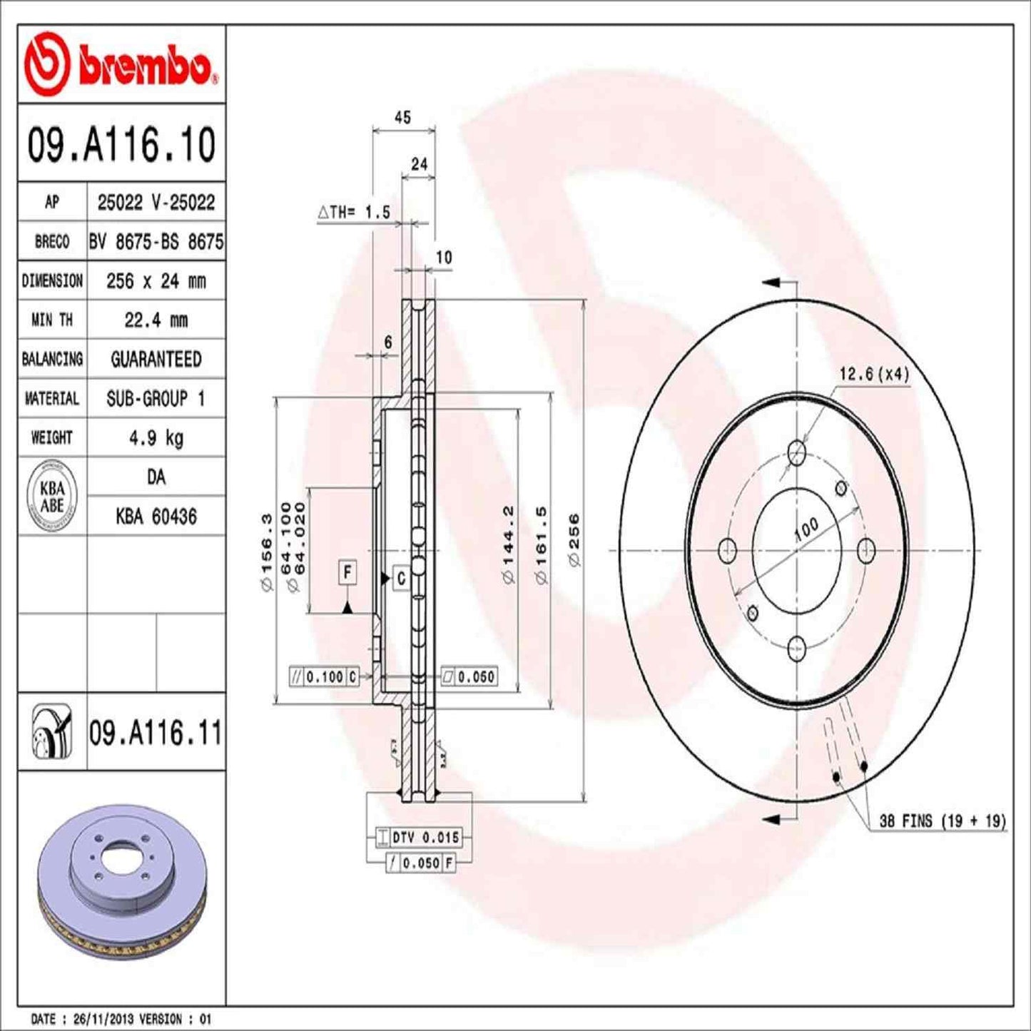 Brembo OE Brembo 02-06 Mitsubishi Lancer/99-02 Mirage Front Premium UV Coated OE Equivalent Rotor 09.A116.11