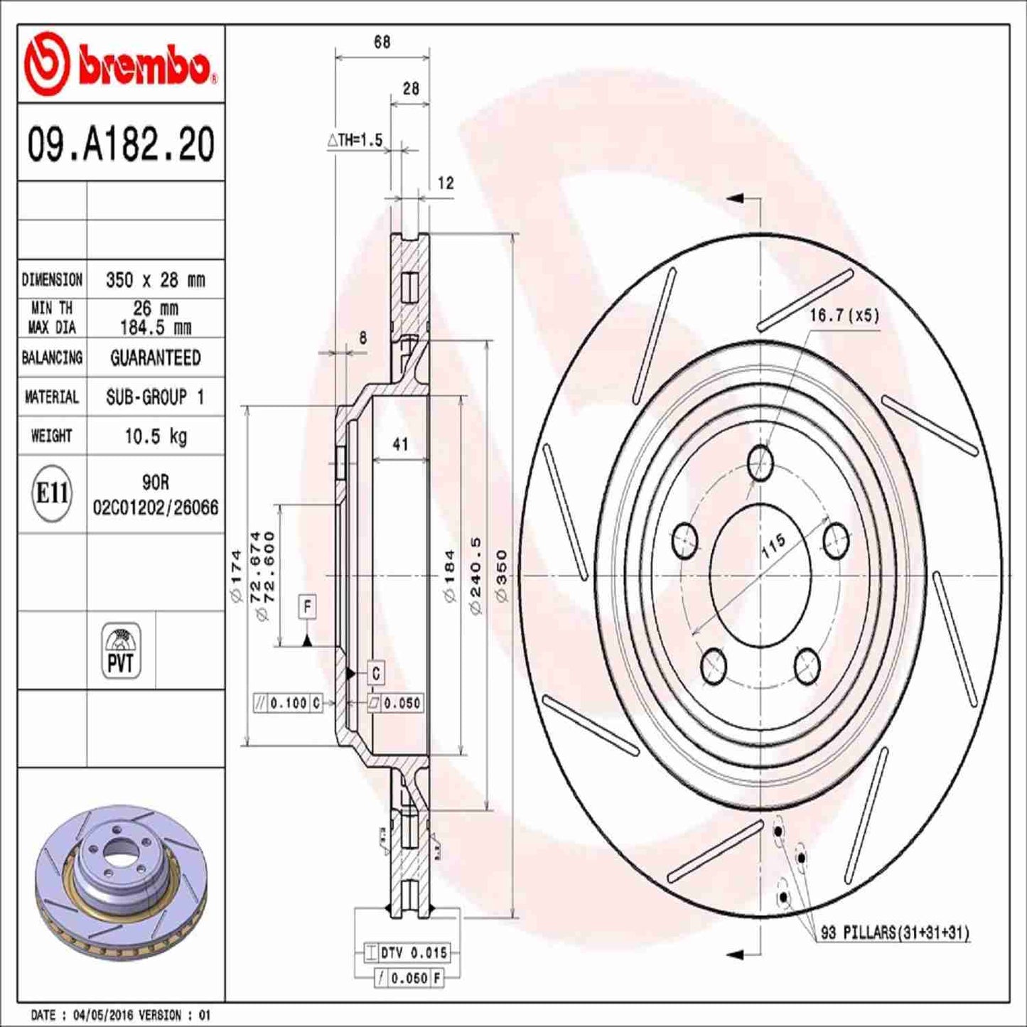 Brembo OE Brembo 2010 Chrysler 300/12-14 300/11-20 Dodge Challenger Rear Premium UV Coated OE Equivalent Rotor 09.A182.21