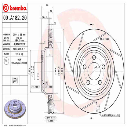 Brembo OE Brembo 2010 Chrysler 300/12-14 300/11-20 Dodge Challenger Rear Premium UV Coated OE Equivalent Rotor 09.A182.21