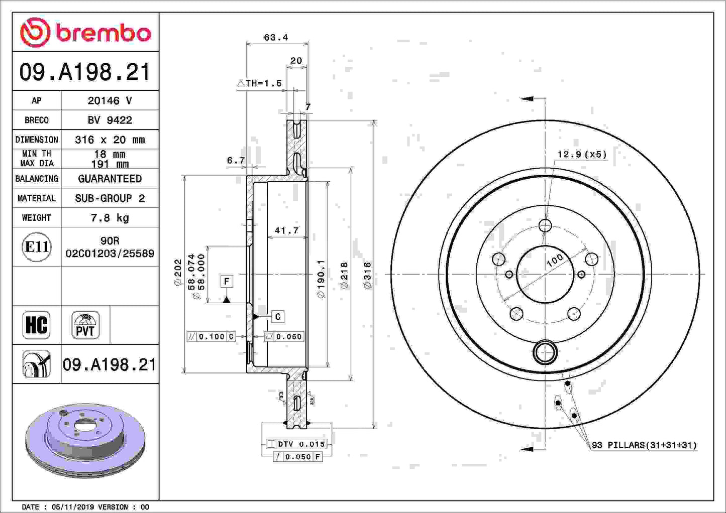 Brembo OE Brembo 17-20 Subaru BRZ Rear Premium UV Coated OE Equivalent Rotor 09.A198.21